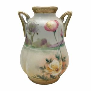 Te-Oh Japanese Antique Hand Painted Porcelain Vase with Floral Design
